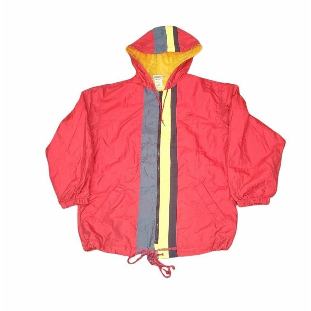 Speedo Mens Rain Jacket Red Color Block Mesh Lined Hooded Drawstring Pockets M